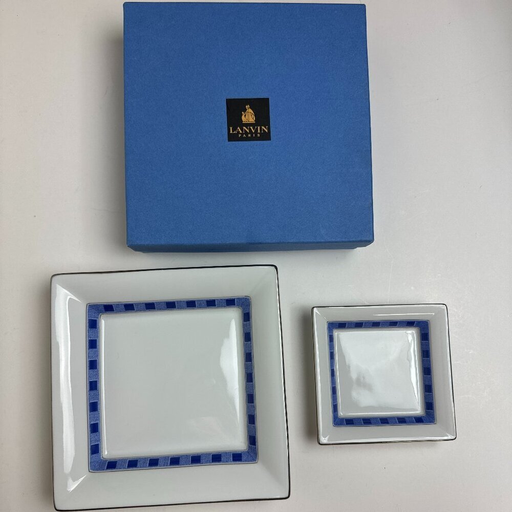 Lanvin Paris Porcelain Set of 2 Serving plate dish Trinket Dish White & Blue
